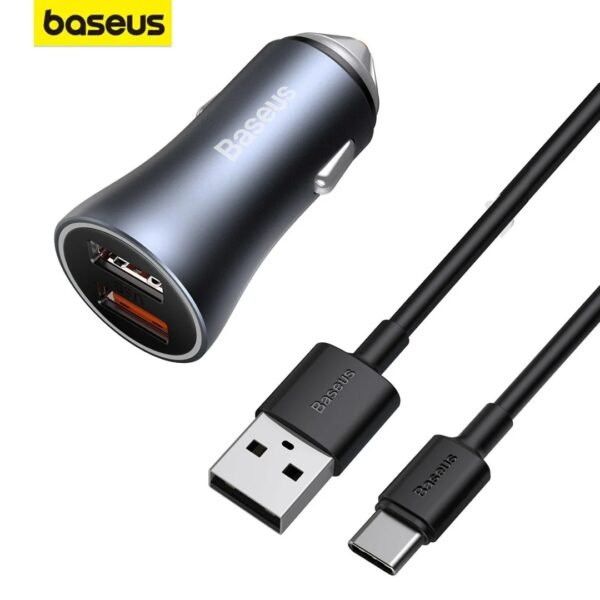 Baseus car charger USB to Type C - 40W Baseus Golden Contactor Pro 40W Dual Quick Car Charger with Fast Charging Cable